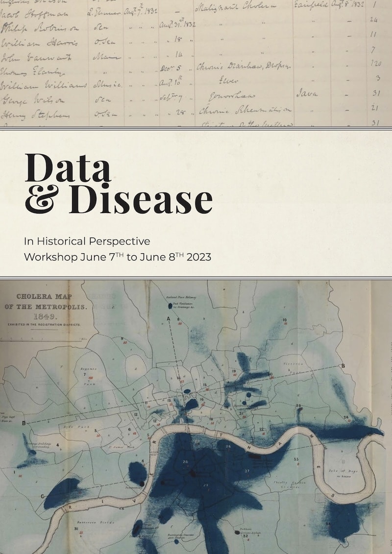 Cover image for the 'Data & Disease In Historical Perspective' workshop, June 7-8, 2023, featuring a historical document and a cholera map of London.