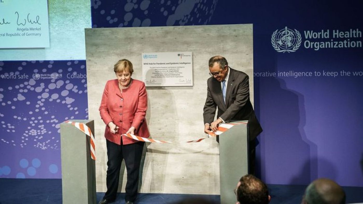 Angela Merkel and Tedros Adhanom Ghebreyesus opening the WHO hub"
