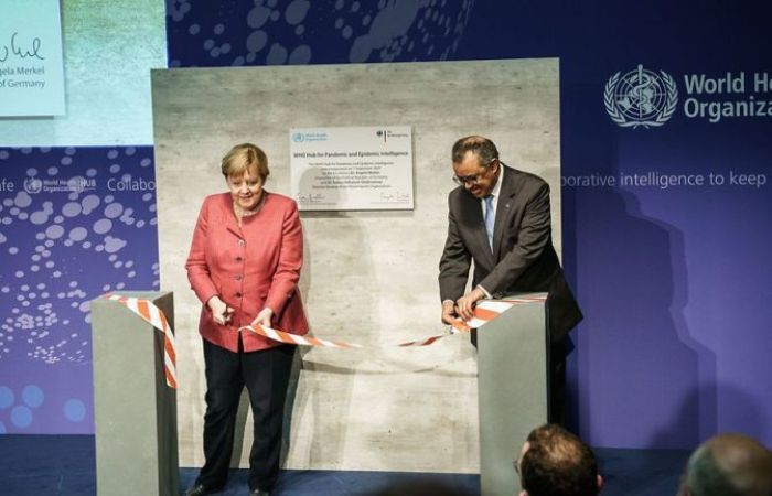 Angela Merkel and Tedros Adhanom Ghebreyesus opening the WHO hub"