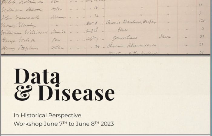 Data & Disease in Historical Perspective workshop announcement with historical ledger image.